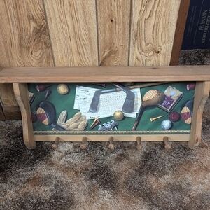 Golf-Themed Wooden Wall Shelf with Pegs - Green Accent